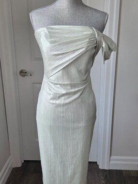 Black Halo Sheath dress metallic silver strapless bow detail size 10